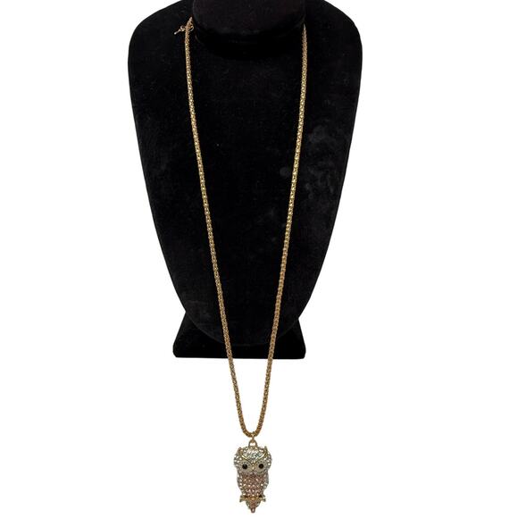 Sparkling Pink and White Crystal Owl Pendant on a Gold Chain Necklace 16" - Picture 2 of 4